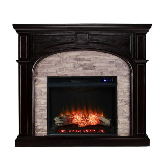 SEI Furniture Tanaya Wood and Faux Stone Electric Fireplace in Brown