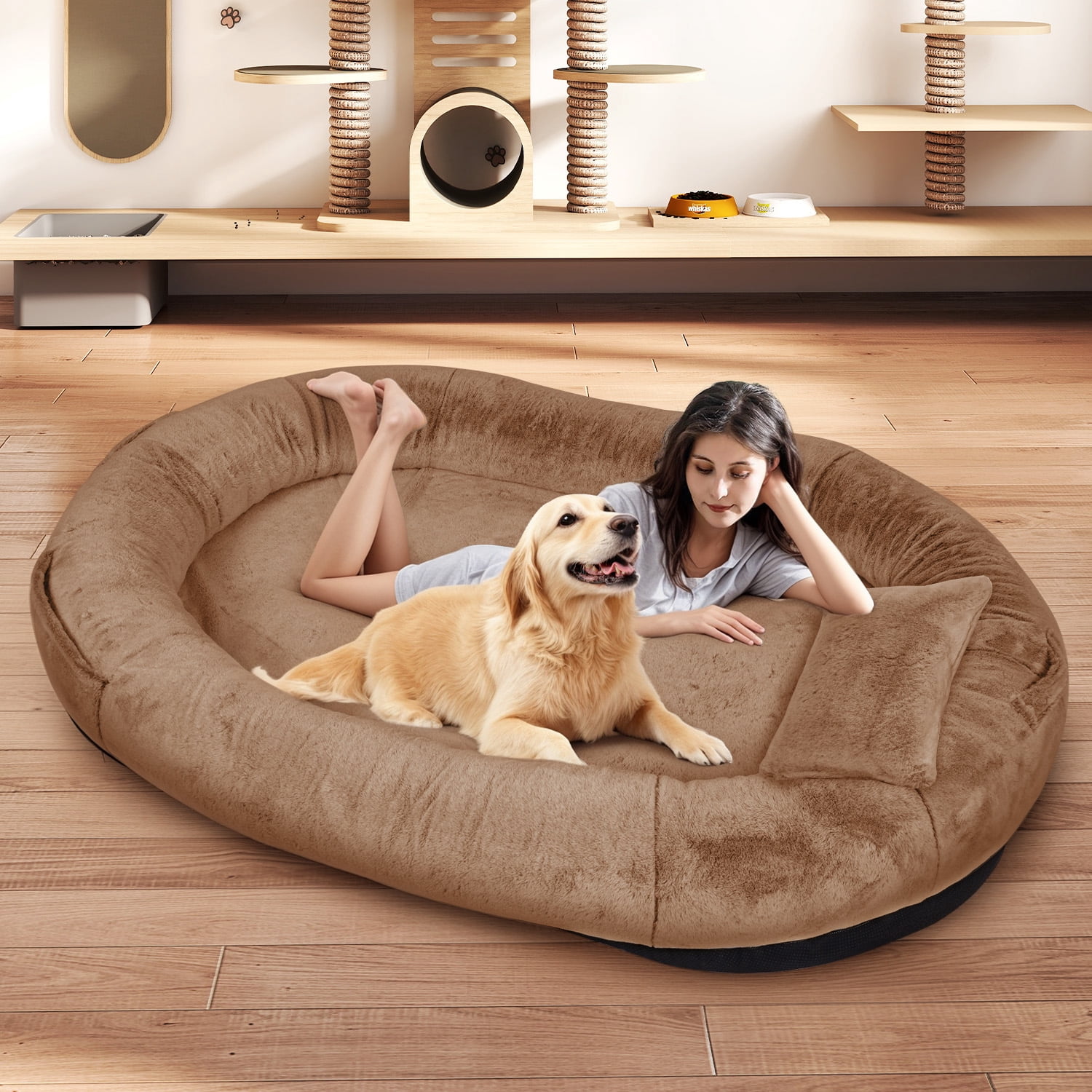 Human Dog Bed for Pets and Adults, 71"x45"x14" Human Size Giant Dog Pets Bed, Washable Faux Fur Cover for Humans with Blanket and Pillow,Dark Brown
