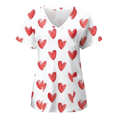 

Women Scrubs Top Love Heart Printed Working Uniform Nurses Clothing Workwear Casual Short Sleeve Pocket Clothes T-Shirt Top Daily Tshirt