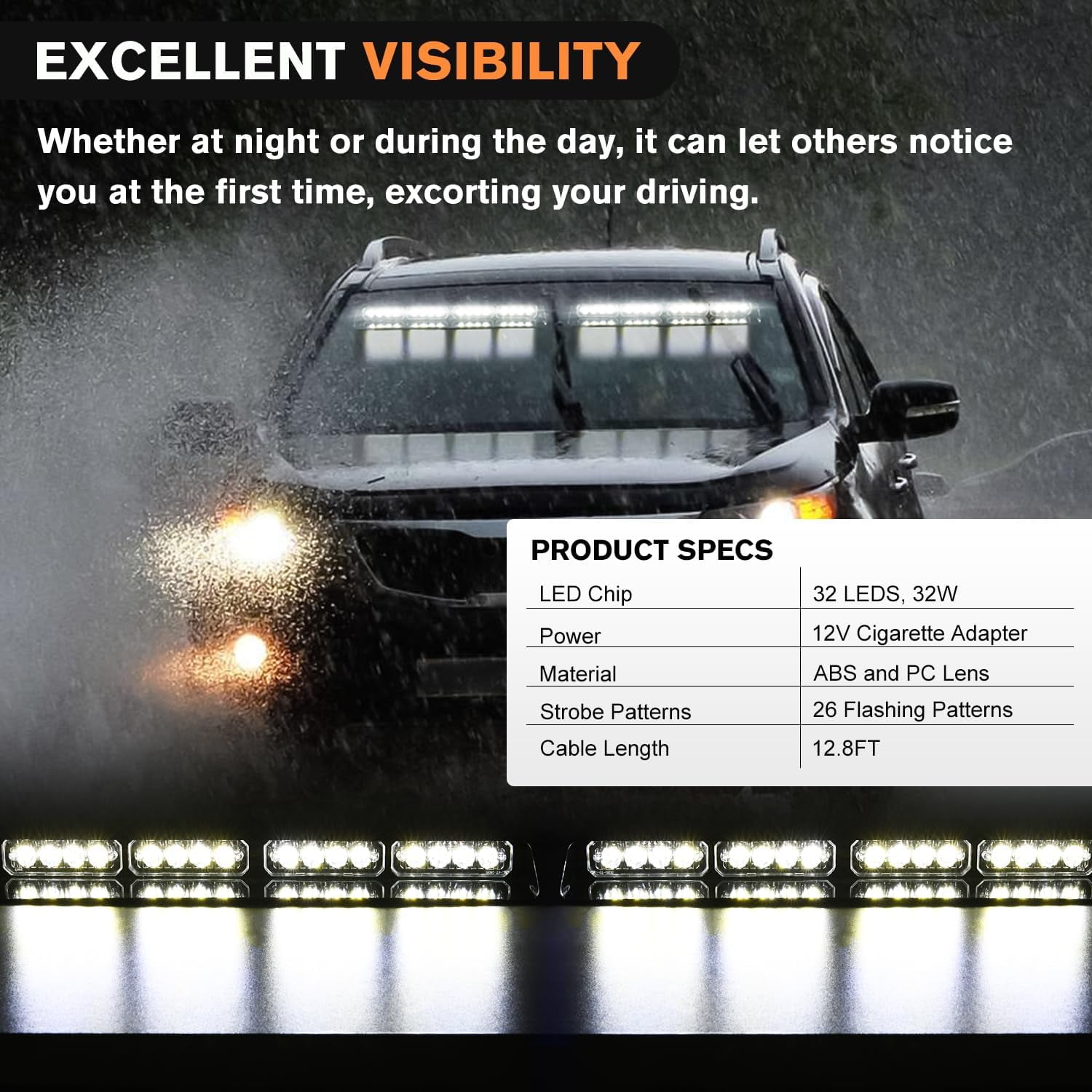 Nilight 32Led White Emergency Dash Strobe Lights with Controller Suction Cups Warning Hazard Interior Front/Rear Windshield Deck Split Light Bar for Trucks