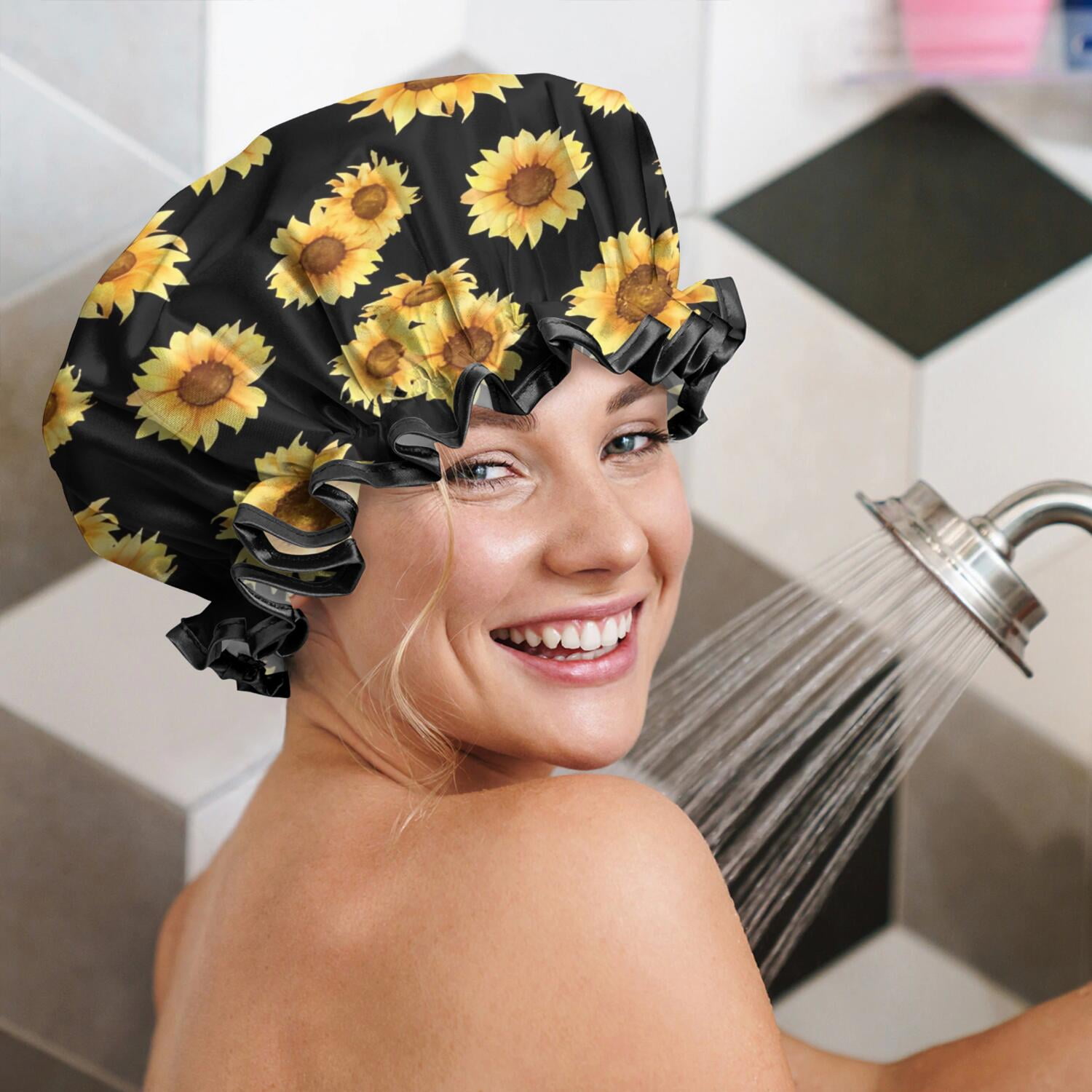 Shower Caps,Black Yellow Sunflower Pattern Waterproof Shower Cap for Women 4 Pieces,Double Reusable Hair Cover for Shower PEVA Elastic Stretch Hem