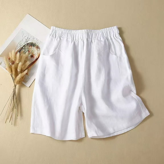 Women's Summer Shorts Short Pants Solid Color Linen Cotton Wide Leg Elastic Drawstring Waist Casual Biker Shorts with Pockets(White,XL)