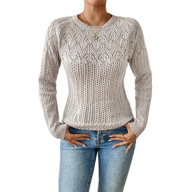 Suéteres de Punto Ligeros de Crochet con Cuello Redondo y Mangas Largas para Mujer Conjuntos de Otoño A Albaricoque L
