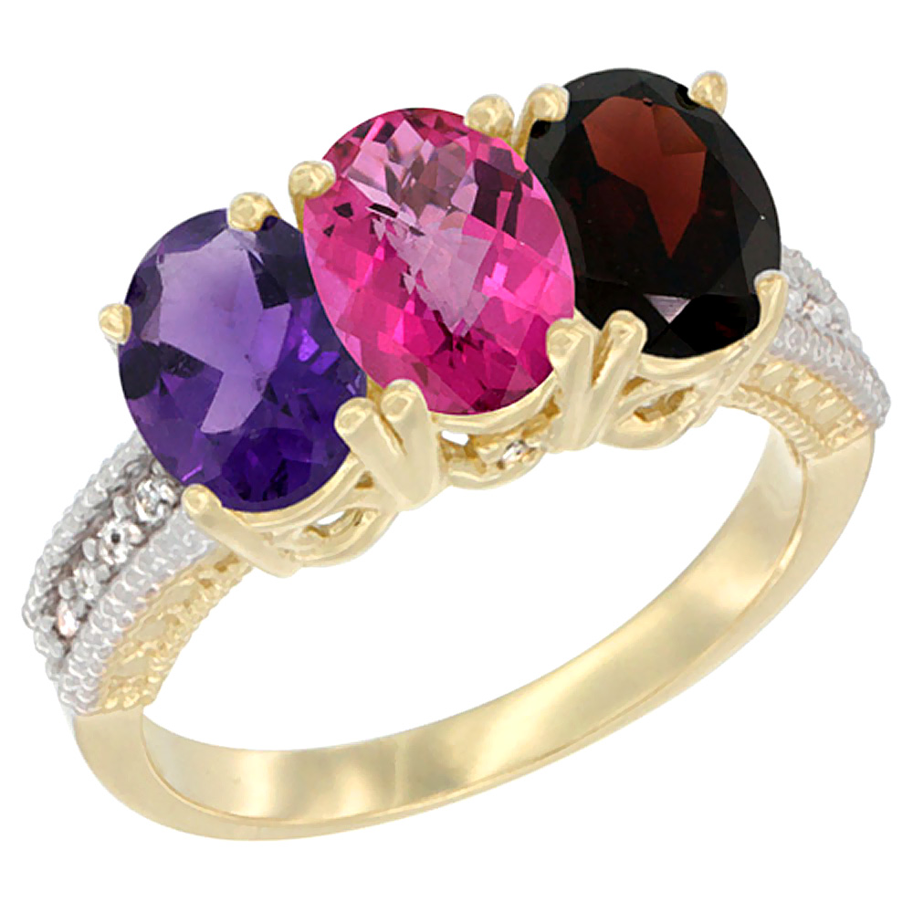 10K Yellow Gold Diamond Natural Amethyst, Pink Topaz & Garnet Ring Oval 3-Stone 7x5 mm,sizes 5-10 by WorldJewels