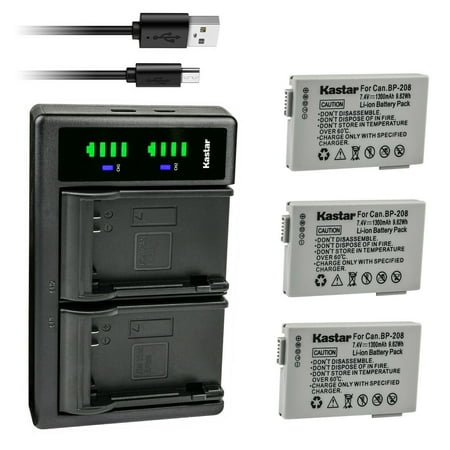 Kastar 3-Pack Battery and LTD2 USB Charger Replacement for Canon BP-208 BP208 BP-208DG Battery  Canon DC10  DC19  DC20  DC21  DC22  DC40  DC50  DC51  DC95  DC100  DC200  DC201  DC210  DC211 Cameras