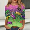 thumbnail image 2 of Mardi Gras Shirts for Women Glitter Crew Neck Purple Graphic Tee 3/4 Sleeve Mask Print Gold Tunic Tops Green L, 2 of 5