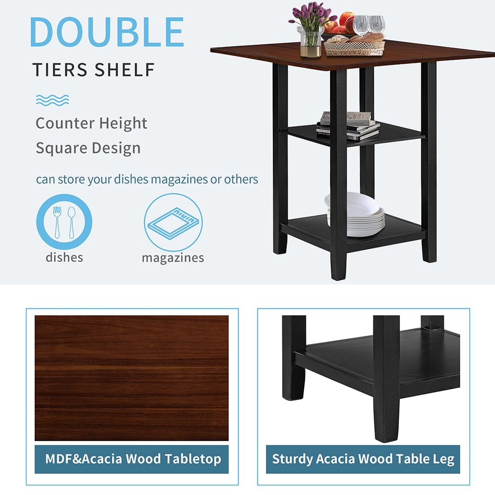Kepooman 5 Piece Dining Set with Storage Shelves, Black Kepooman 5 Piece Dining Set with Storage Shelves, Black