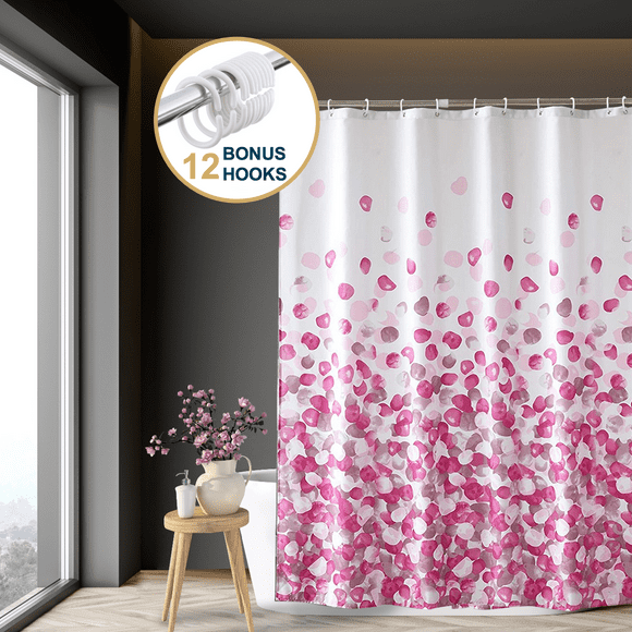 ComfiTime Rideau de Douche - Rideau de Salle de Bain en Tissu Résistant à la Moisissure, Imperméable, Lavable en Machine, Ourlet Pondéré, Motif Floral de Pétales de Rose, 72 "W x 72" H, Rose