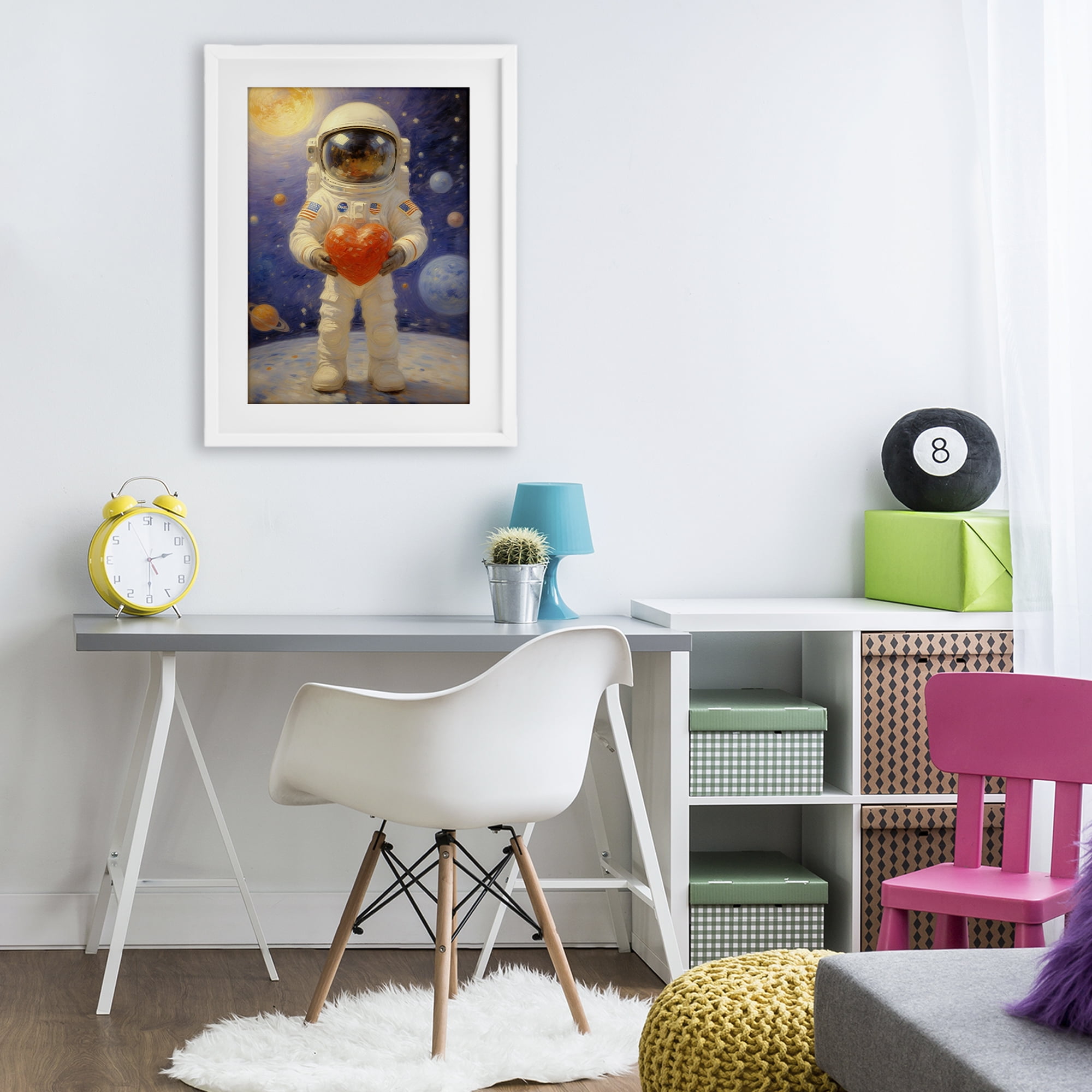Astronaut Holding Heart White Framed Print Under Glass, design by Angie Hawke