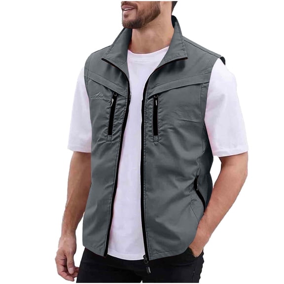 Eryao Mens Lightweight Breathable Fishing Travel Vest Stand Collar Sleeveless Zip Up Cargo Jacket Casual Outdoor Work with Multi Pockets,Gray,XXL