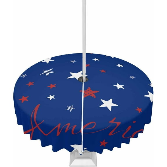 4th of July Outdoor Tablecloth with Umbrella Hole and Zipper Blue Patriotic Star Stripes Round Tablecloths 60 Inch Waterproof Table Cloths Freedom America Patio Table Cover for Independence Day Party