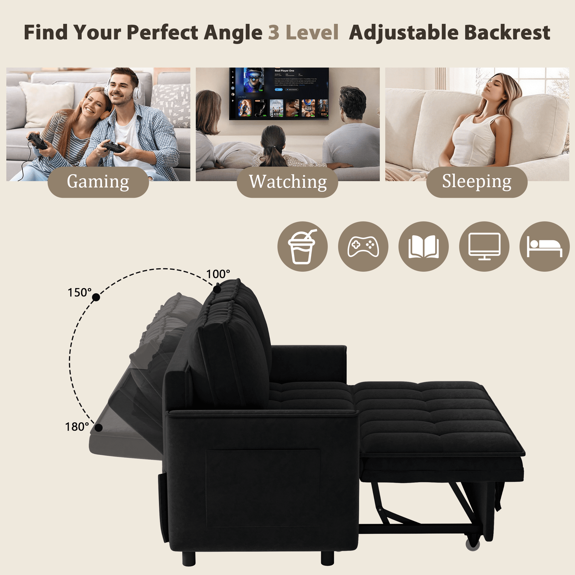 Rophefx 3-in-1 Pull Out Sofa Bed, Futon Sofa, Convertible Chenille Sleeper Chair Bed for Living Room,Black