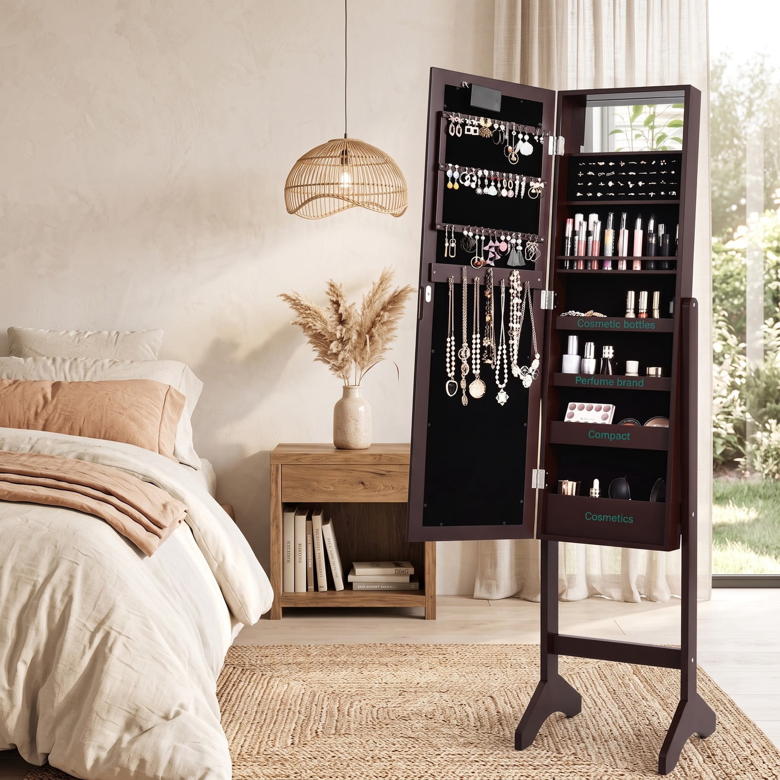Furnibear Freestanding Mirrored Jewelry Cabinet Armoire Organizer with Full-Length Mirror and 18 LED Lights for Bedroom, Brown