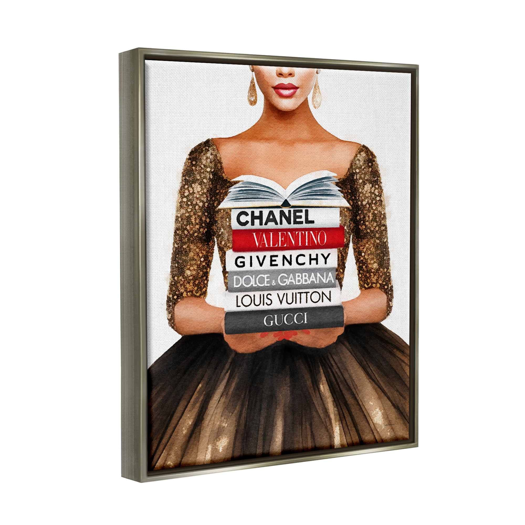 Stupell Industries Glam Girl & Bookstack Beauty & Fashion Painting Gray Floater Framed Canvas Art Print Wall Art, 25 x 31