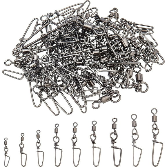 90Pcs 9 Sizes Bearing Swivels with Coastlock Snap Brass Fishing Snaps Swivels Gunmetal Rolling Swivel Snaps for Saltwater Swivels Fishing Hole: 1.2~3.5mm