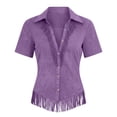 thumbnail image 4 of ClodeEU Women's Collared V Neck Short Sleeve Fringe Hem Button Down Blouse,Slim Fitted Casual Shirt Top Purple,Women's Plus XXL, 4 of 5