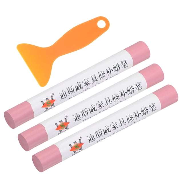 Madera Muebles Reparación Kit, 3uds Cera Madera Relleno Pegar con Espátula Crayón Marcadores Muebles Retoque Kit para Removedor Rayones Rozaduras en Muebles Piso, Rosado