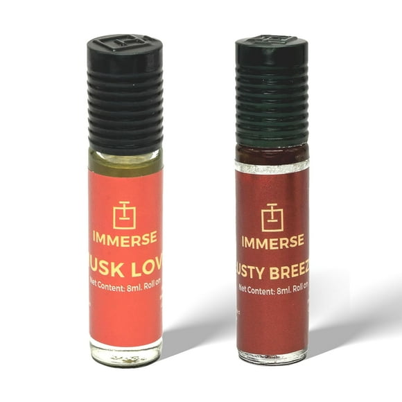 Immerse Musk Love + Lusty Breeze Attar Roll On Perfume For Men & Women Pack Of 2 X 8ml - 0.27 Fl.oz. Each | Long Lasting Ittar - With Strawberry, Saffron & Vanilla Notes | Non Alcoholic Unisex Attar