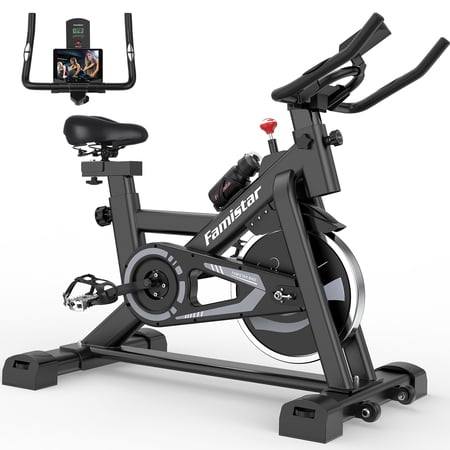 Famistar Exercise Bike Indoor Cycling Stationary Bike with 45 Lbs. Flywheel, 308LBS Max Load, LCD Display, Adjustable Seat and Handlebars Smooth Quiet Belt for Home