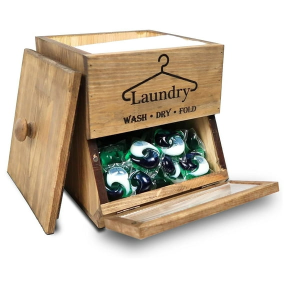 Xayoca Laundry Pod Holder with 2-Count Rustic Wooden Dispenser