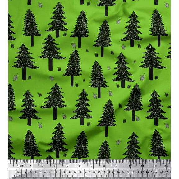 Soimoi Green Cotton Voile Fabric Snow & Cedar Tree Printed Craft Fabric by the Yard 42 Inch Wide