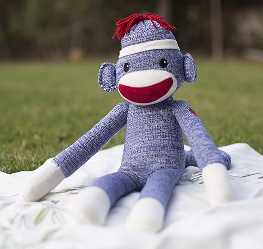 Made by Aliens Adorable Sock Monkey, The Original Traditional Hand Knitted Stuffed Animal Toy Gift-for Kids, Babies, Teens, Girls and Boys Baby Doll Present Puppet 20 Inches (Blue)