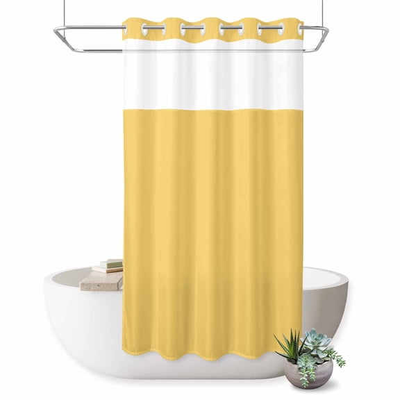 No Hook Shower Curtain for Bathroom, Pure Yellow Waterproof Hotel Quality Shower Curtains, Simple Solid Color Single Layer & Mesh Top Washable Fabric Bath Curtain Decor 36''x72''