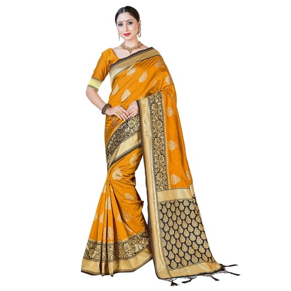 Sarees for Women Banarasi Art Silk Woven Sari - Indian Diwali Gift Rakhi Festival Saree with Unstitched Blouse Mustard