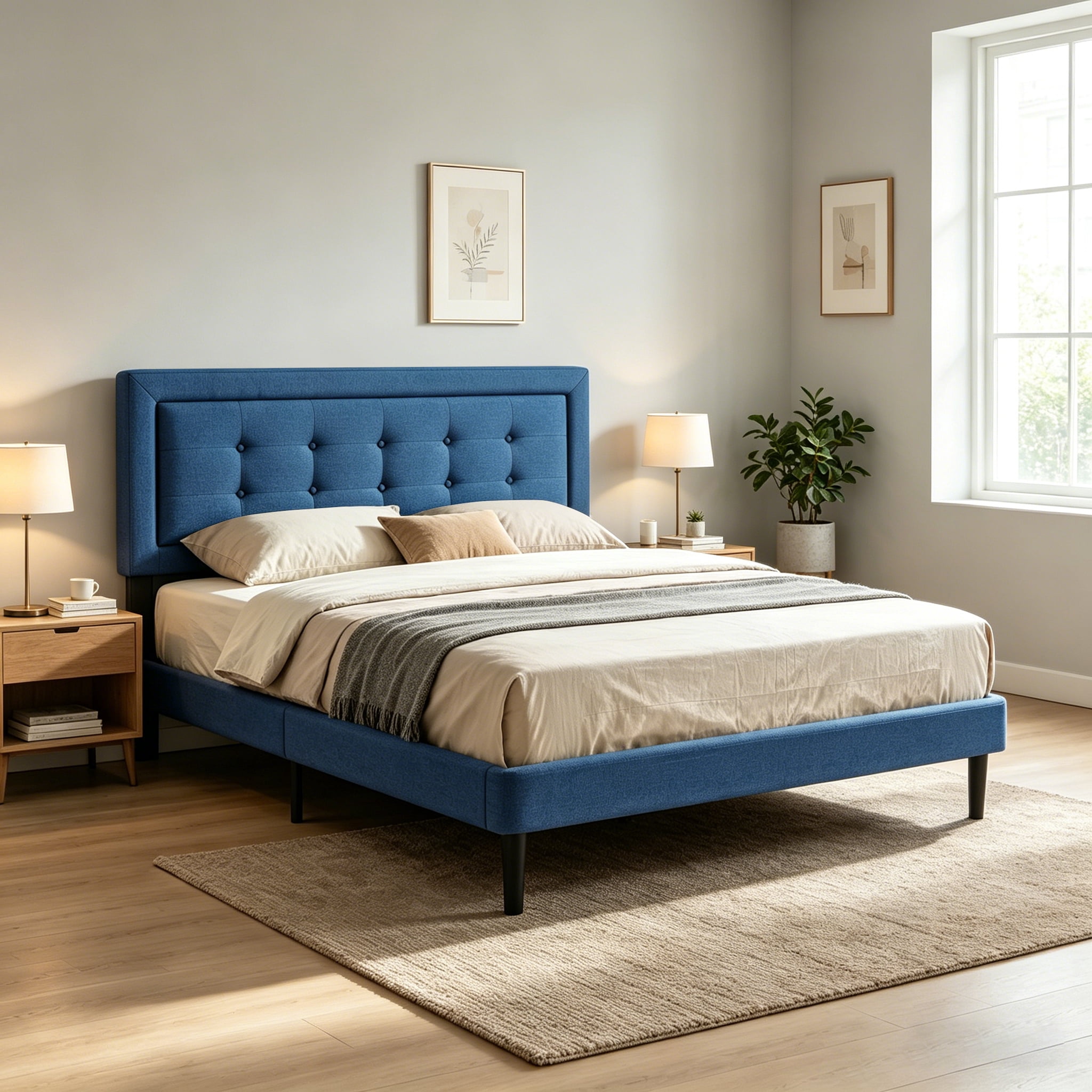 Gewnee Full Size Platform Bed Frame with Upholstered Tufted Headboard,Wood Slats Support,Easy Assembly,No Box Spring Needed,Dark Blue