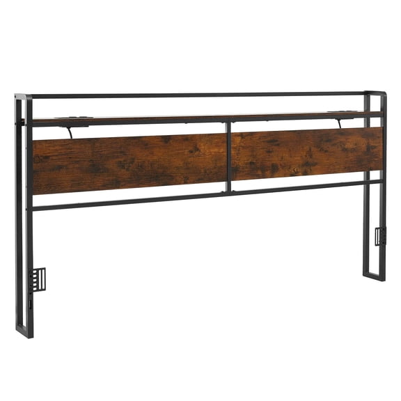 King Size Headboard with 2 Storage Shelves, 2 Outlets , Heavy Carbon Steel Frame, Adjustable Height, Black & Brown