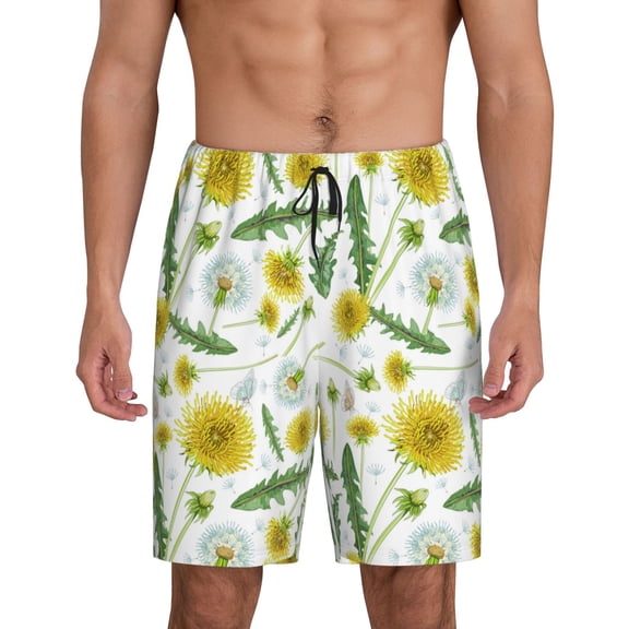 Fotbe Yellow Dandelions Pajama Shorts for Men, Men's Pajama Bottoms, Sleepwear,Short Pajama Pants-Medium