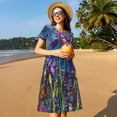 thumbnail image 4 of Xecao Cosmic Purple Irises pour Femmes Été Robe Midi à Manches Courtes avec Poches Robe Décontractée T-Shirt Fluide Robe de Plage, 4 of 6