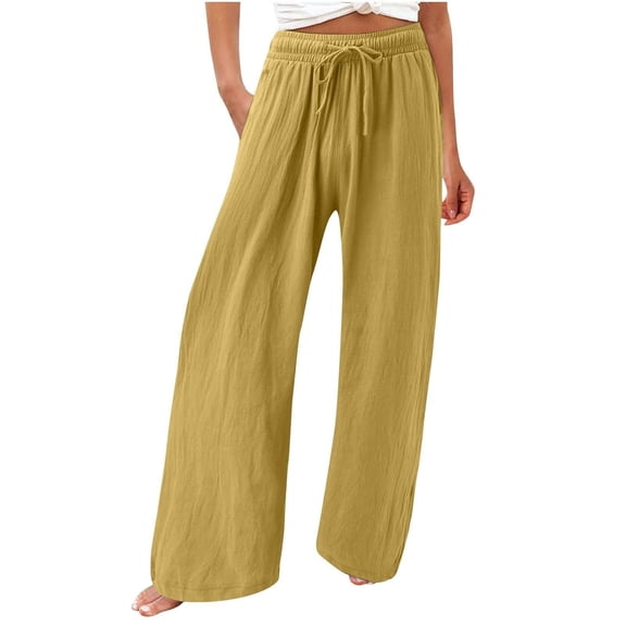 Women's cotton and linen leggings, high-waisted, casual, loose-fitting, straight-leg with pockets.