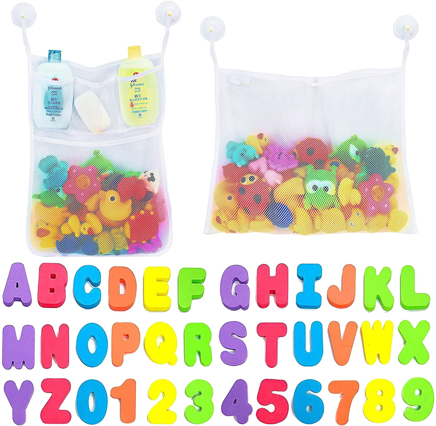 Amerteer 2 x Mesh Bath Toy Organizer + 36 Bath Letters & Numbers Eco
