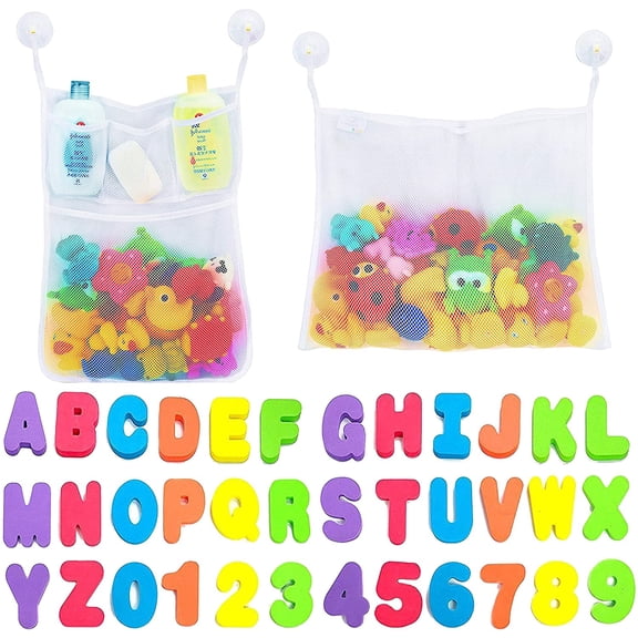 Amerteer 2 x Mesh Bath Toy Organizer   36 Bath Letters & Numbers – Eco-Safe, Fun, Educational Foam Baby Bath Letters and Perfect Toy Storage Net for Baby Bath Toys & More with 4 Hooks