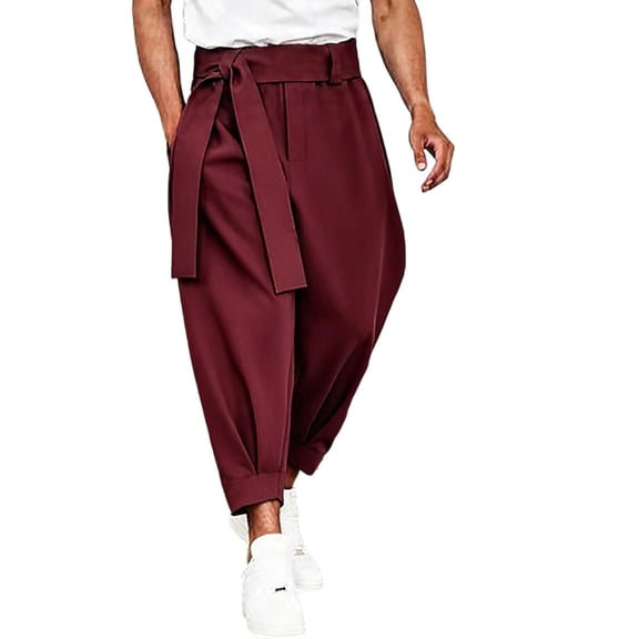 XuJwPNcy Mens Pants Lightweight Fashion Harem Pants Soft Tie Side Trousers with Pockets Loose Casual Outfit Clothing(Wine,X-Large)