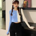 thumbnail image 4 of CawBing Korean Version Of Women's Round Collar Stitching Contrast Color Exposing Navel Long Sleeve Cardigan Jacket Purple Uniform Code, 4 of 6