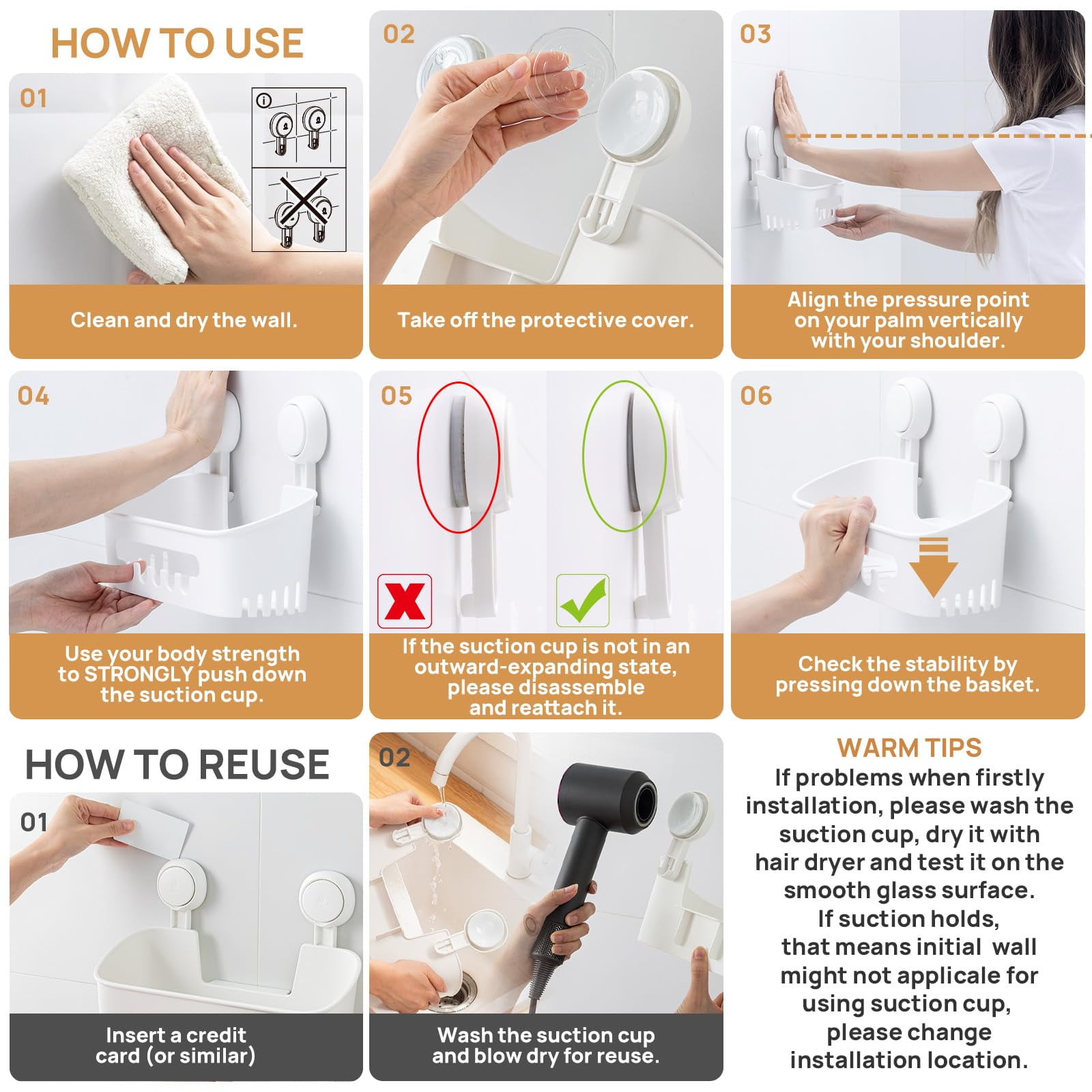 Shower Caddy Suction Cup 2 Pack, Shower Organizer Removable Bathroom Shelf, Storage Suction Powerful Max Hold 22lbs Bathroom Caddy Waterproof Holder, White