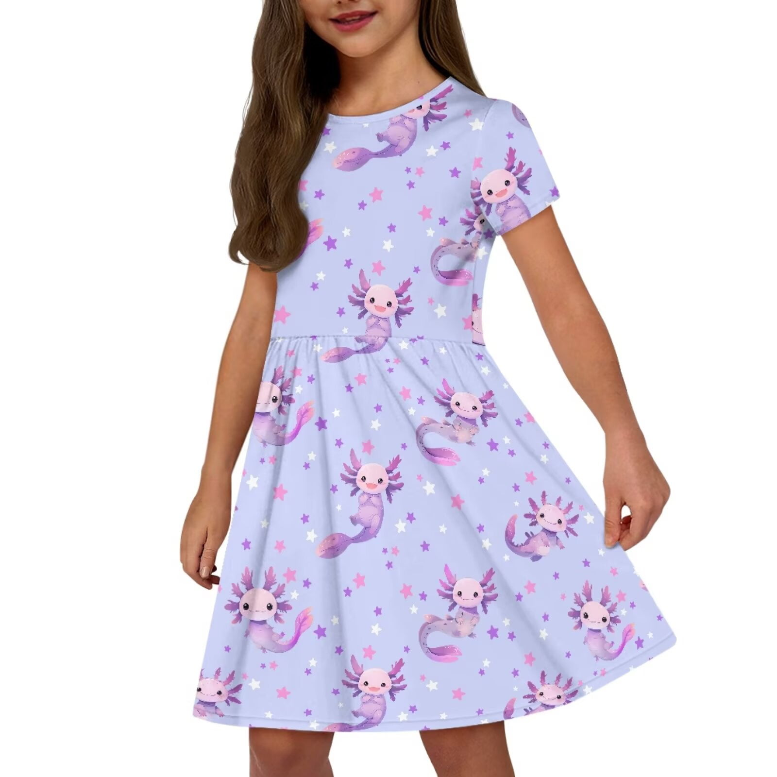 Uourmeti Kids Axolotl Short Sleeve Dresses for Girls 12-14 Cute Round Neck Knee Length Dress School Swing Dresses with Pockets