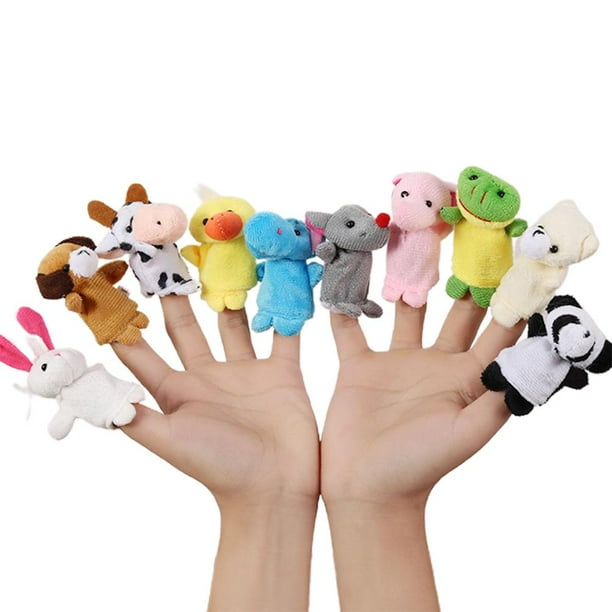 Juego de 10 marionetas de dedo de animales de dibujos animados, minimuñecos de peluche de dedo, juguetes de confort para bebé.