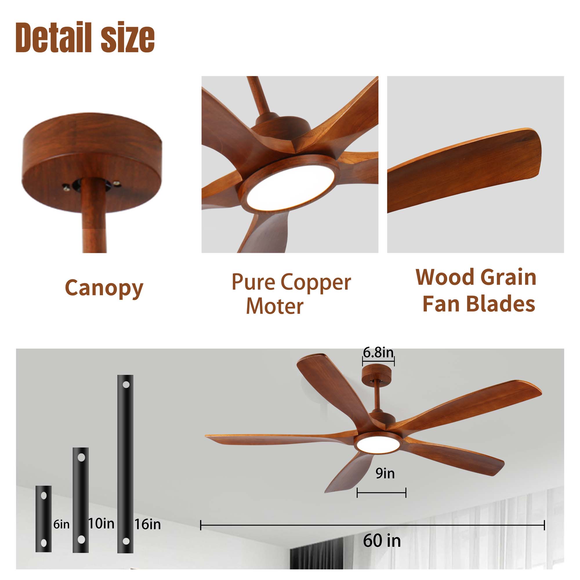 Miniyam 60 inch Wood Ceiling Fan with Lights and Remote, 5 Solid Wood Blades, Low Profile Ceiling Fan with Light, 6 Speed, Reversible DC Motor, for Bedroom/Outdoor/Farmhouse/Patios