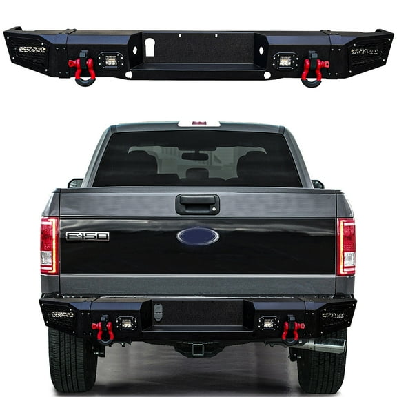 Vijay Rear Bumper for 2006-2014 Ford F150 Black Texture Steel with Aluminum LED Lights and D-Rings
