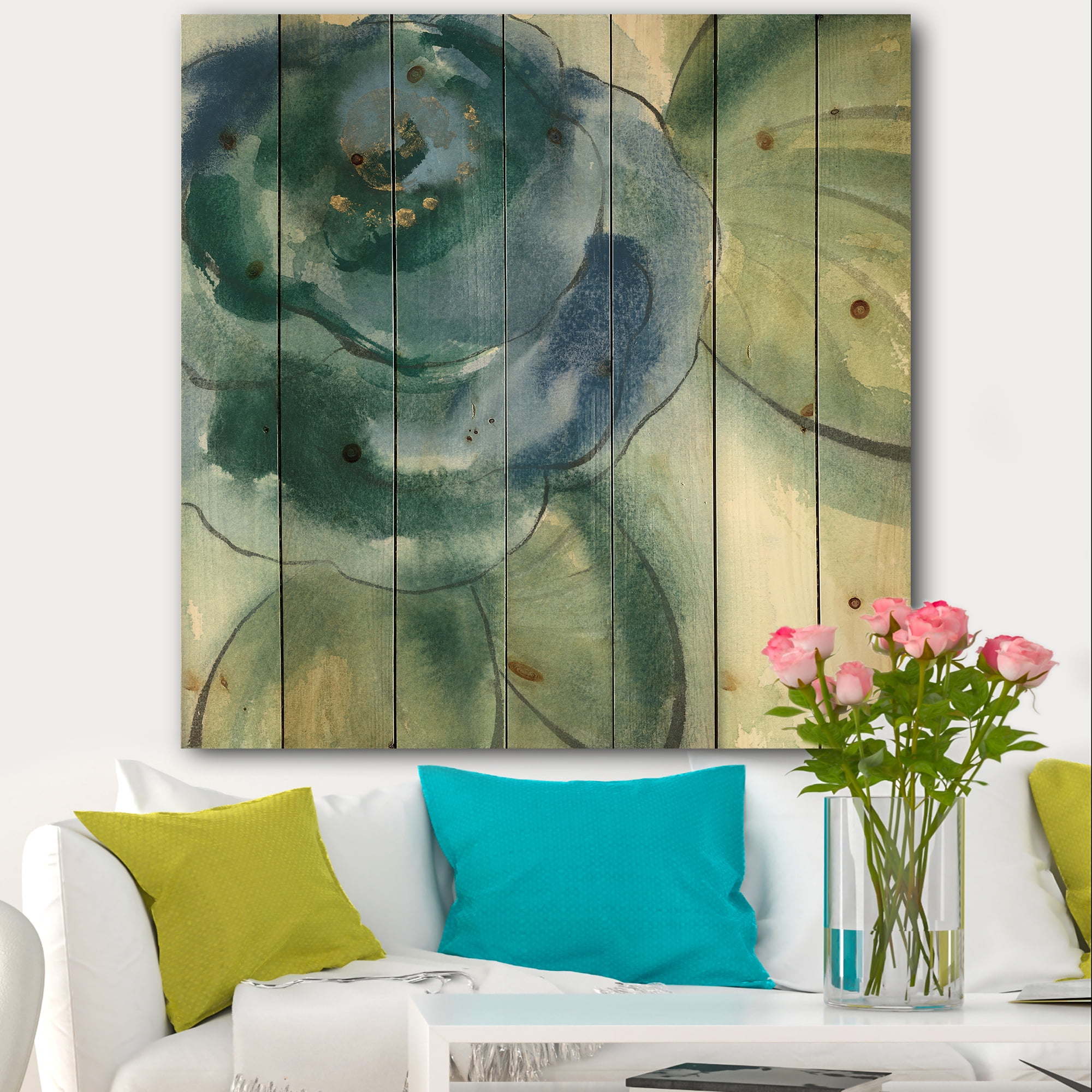 Designart 'Blue Floral Poppies II' Cottage Print on Natural Pine Wood