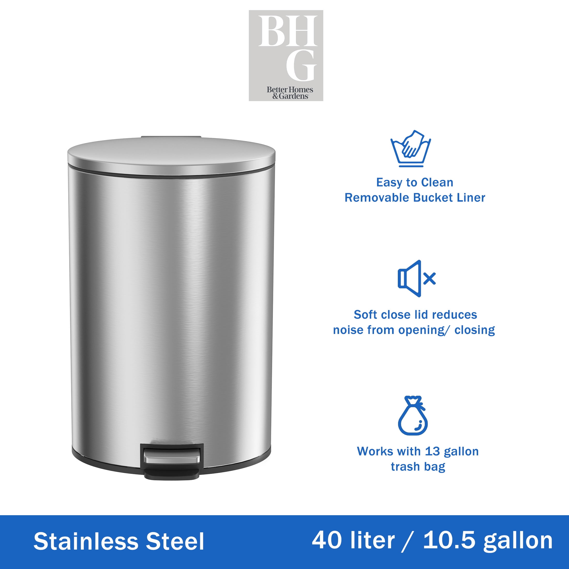 Better Homes & Gardens Kitchen Trash Can, 10.5 Gallon Stainless Steel Oval Step Garbage Bin with Soft Close Lid, Silver
