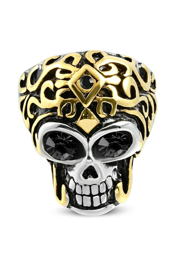 Stainless Steel Two-Tone Black CZ Large Statement Cocktail Mens Skull Ring