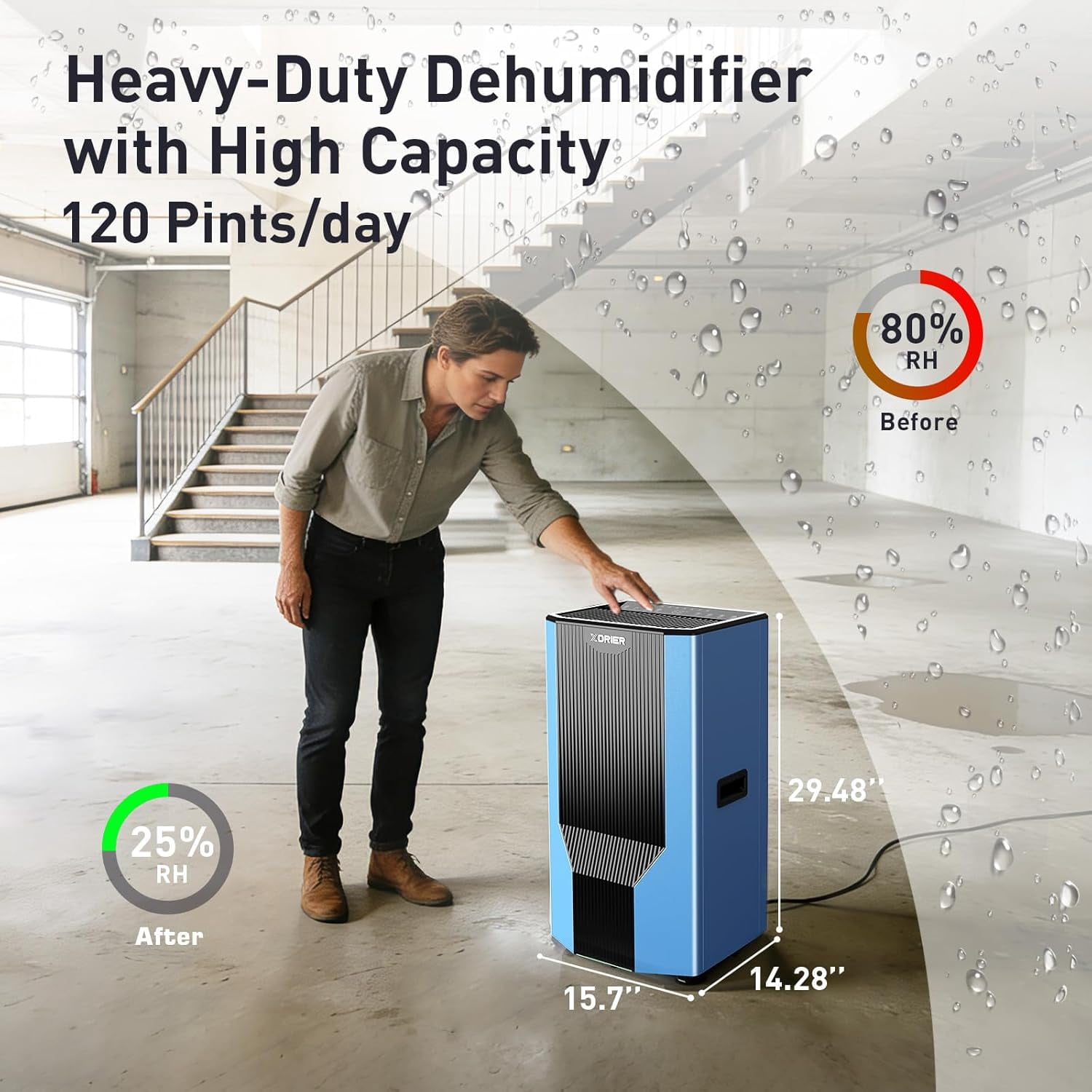 XDRIER Commercial Dehumidifiers 120 PPD with Pump and Drain Hose for Commercial and Industrial Large Room, Basements, Storages, Warehouses, Smart Humidity Control,Auto Defrost, SLGR Tech, on Wheels