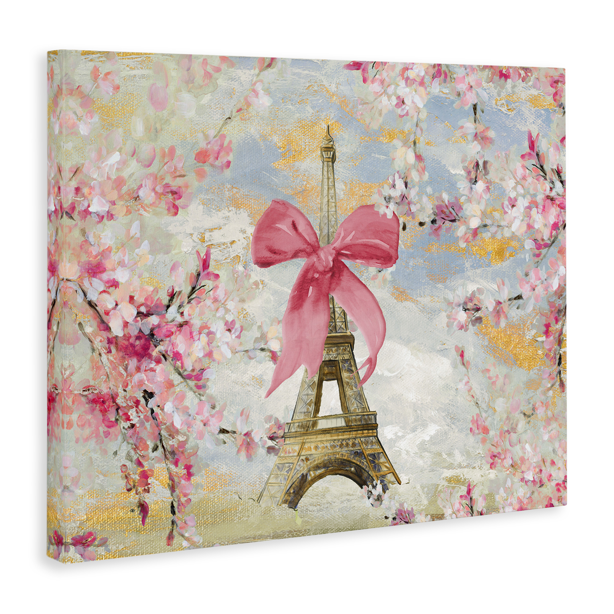 Stupell Industries Eiffel Tower on Cherry Blossoms Fashion Painting Wrapped Canvas Art Print Wall Art, 20 x 16