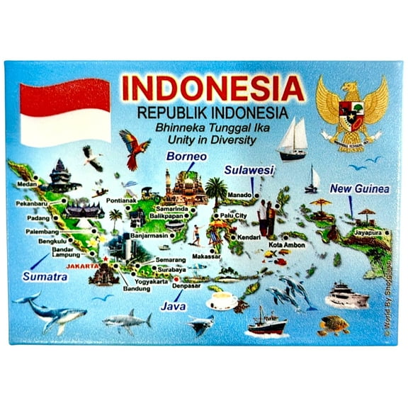 Indonesia Graphic Map and Attractions Souvenir Fridge Magnet 2.5" X 3.5"