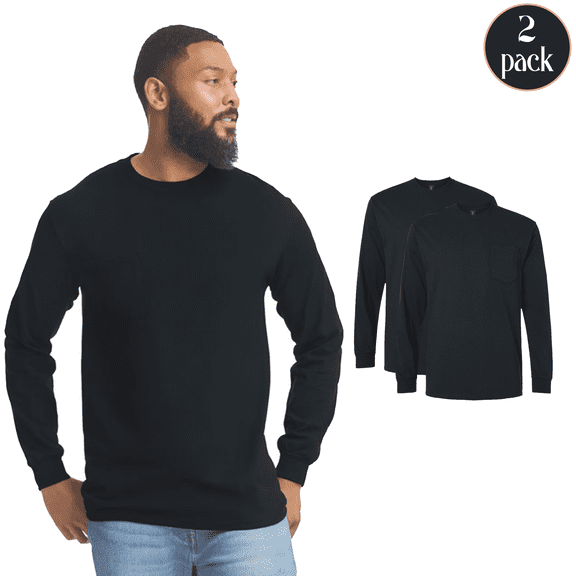 Gildan Men's Ultra Cotton Pocket T-Shirt, Long Sleeve Crewneck Classic Fit Tee, Black, 2-Pack, S