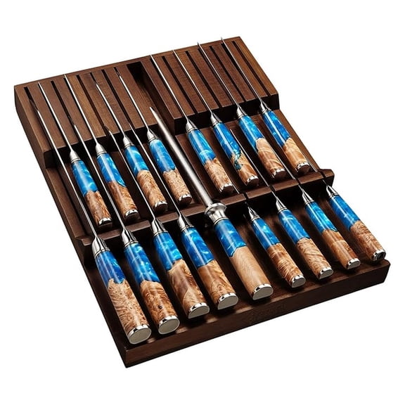 SENKEN In-Drawer Knife Block, Natural Wood Kitchen Knife Drawer Organizer, Holds 16 Knives   1 Sharpener Slot for 17 Total Slots, Includes Steak Knife Slots, Space Saving Knife Storage